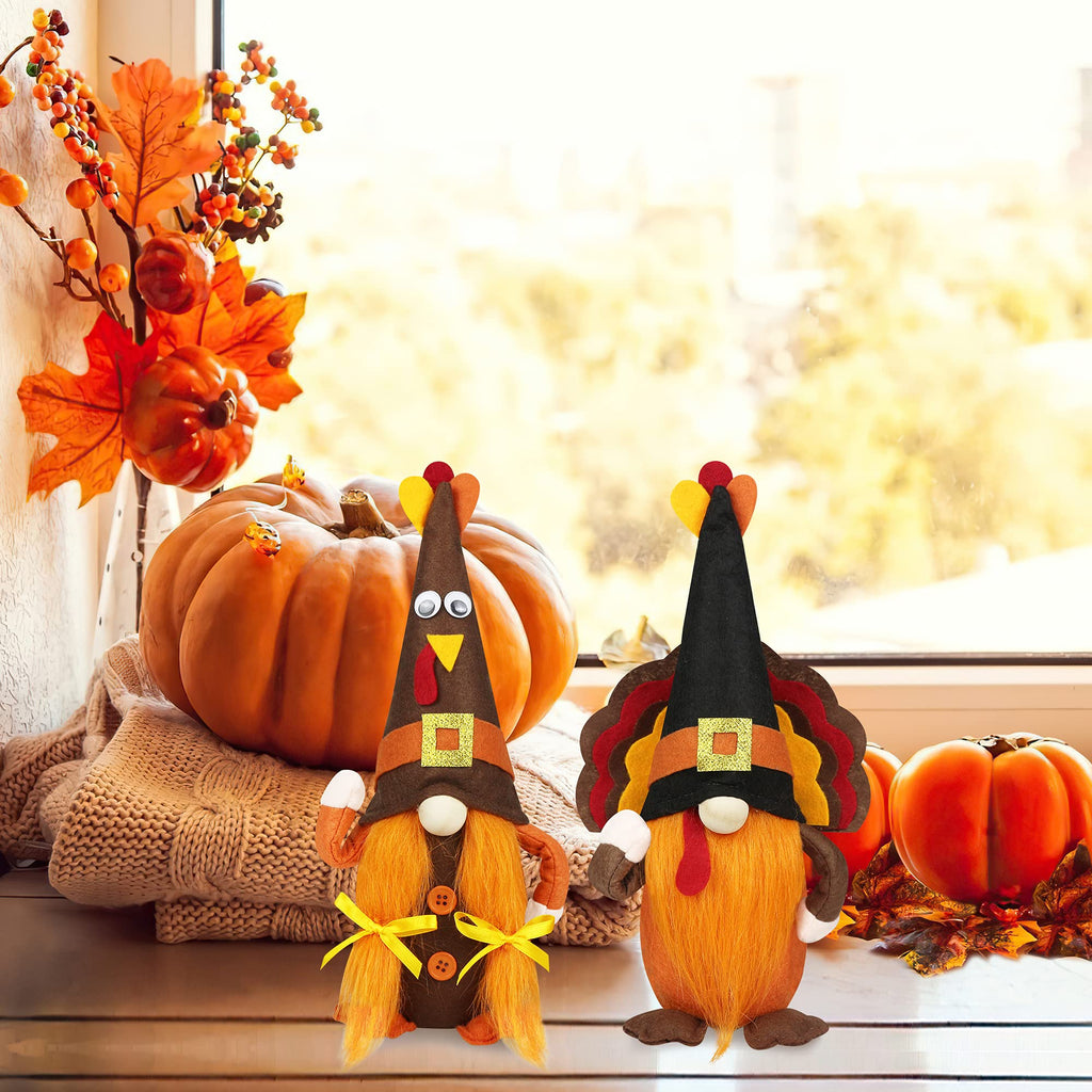 Mr and Mrs Thanksgiving Plush Decorations - 2 Pcs Turkey Gnomes Handmade Scandinavian Autumn Tomte - Fall Season