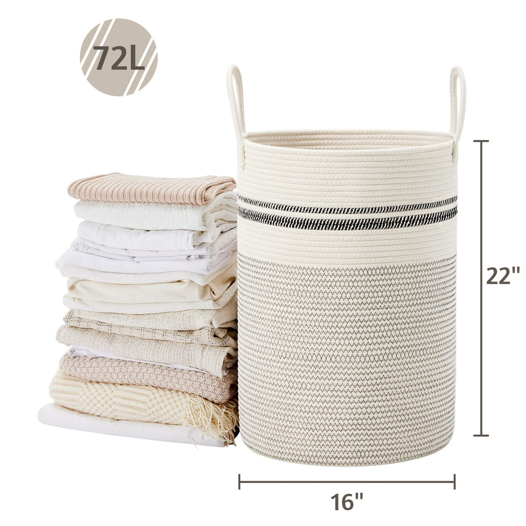 72L Tall Woven Laundry Basket Hamper, Stripe White