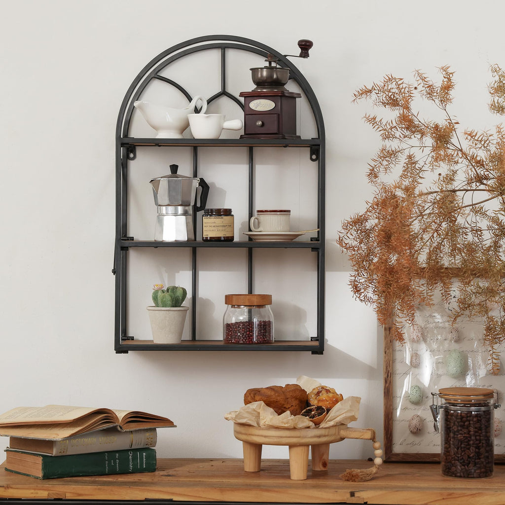 Arched Foldable Metal & Wood Wall Shelf - 3 Tier Freestanding Floating Ledge Shelves Window Design Storage Rack Décor