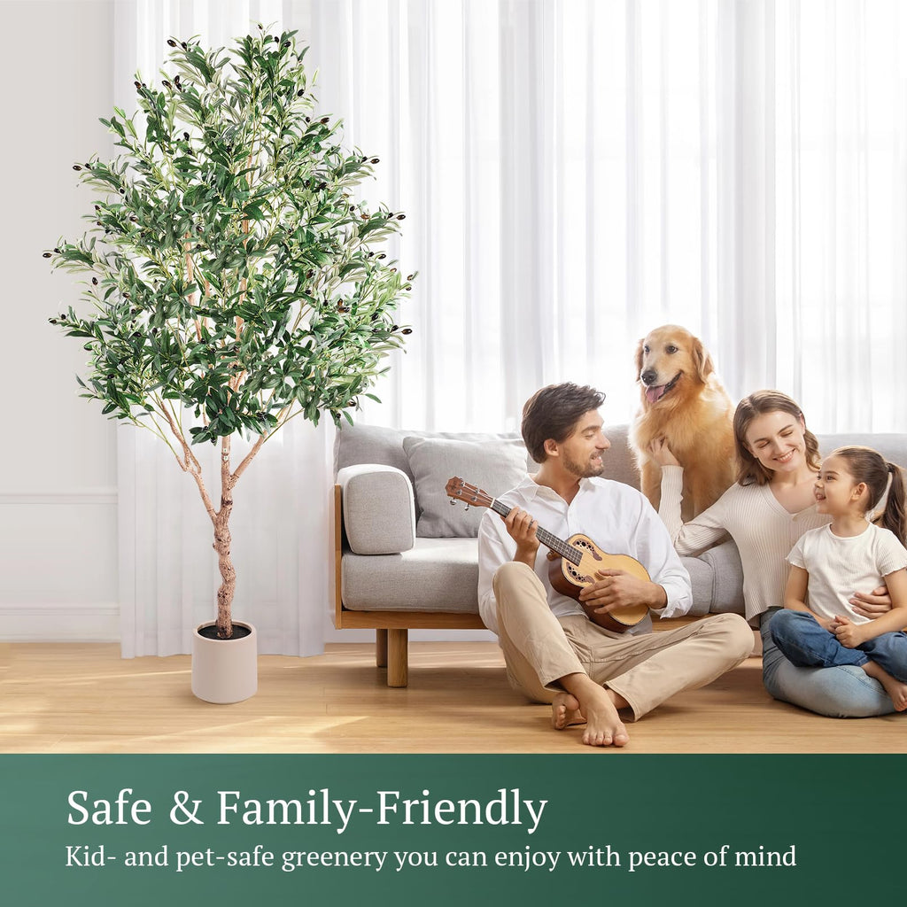 Large Olive Trees Artificial Indoor, Upgraded 7FT Faux Olive Tree with Natural Wood Trunk and Lifelike Fruits, White