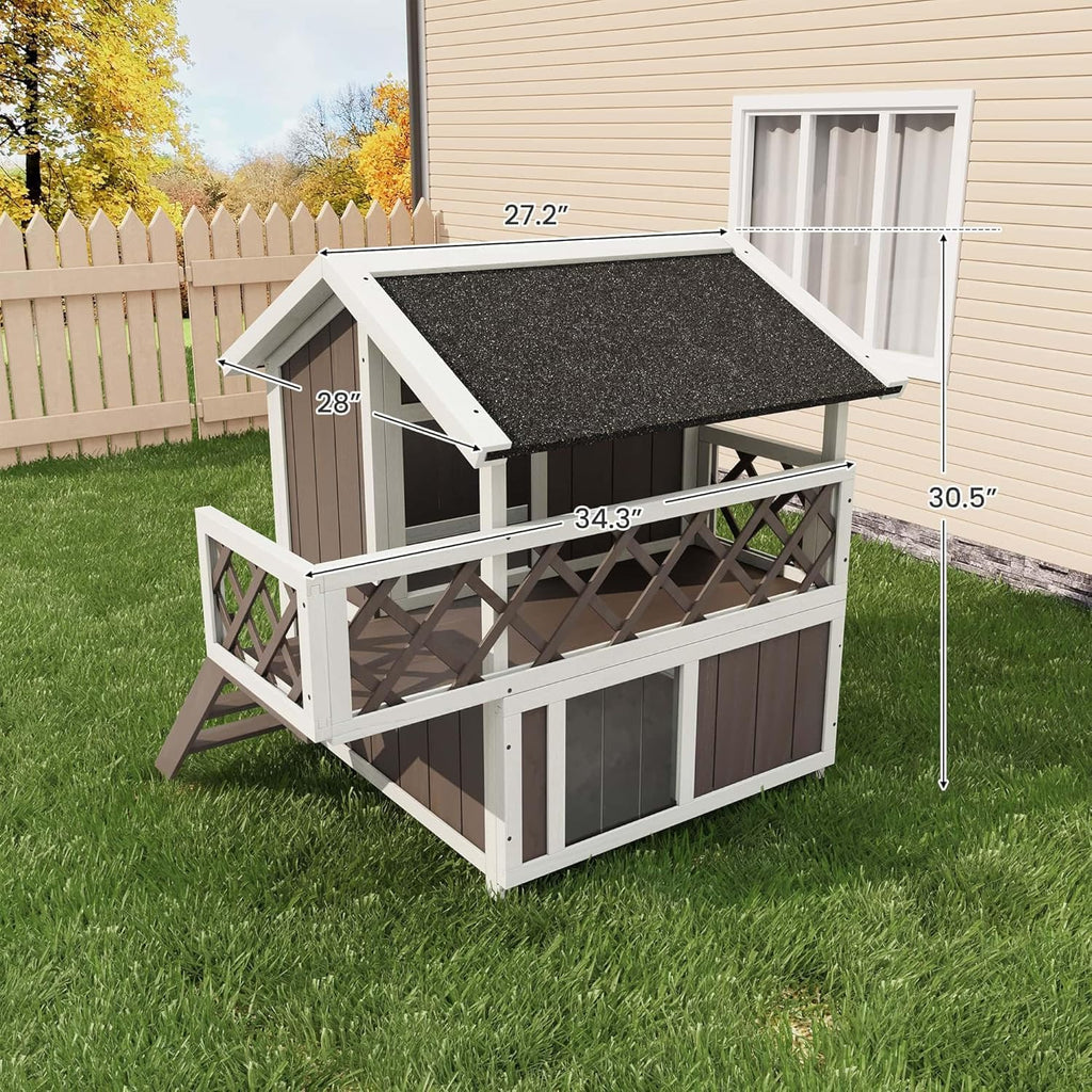 Weatherproof 2-Story Outdoor Cat House with Balcony - Multi-Level Wooden Condo - Escape Door - Removable Asphalt Roof