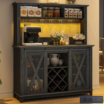 47"Wide 56"H Farmhouse Coffee Bar Cabinet with Power Outlet and LED Light, Wine Bar Cabinet w/3 Storage Hutch, Kitchen
