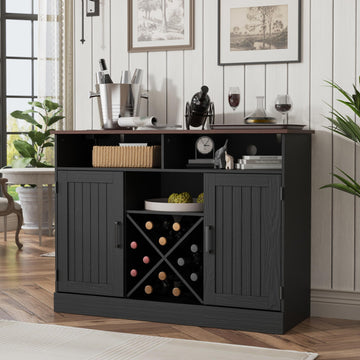 Farmhouse Coffee Bar Cabinet with Prower Outlets, Rustic Liquor Cabinet with Wine Rack, Wooden Wine Cabinet, Black