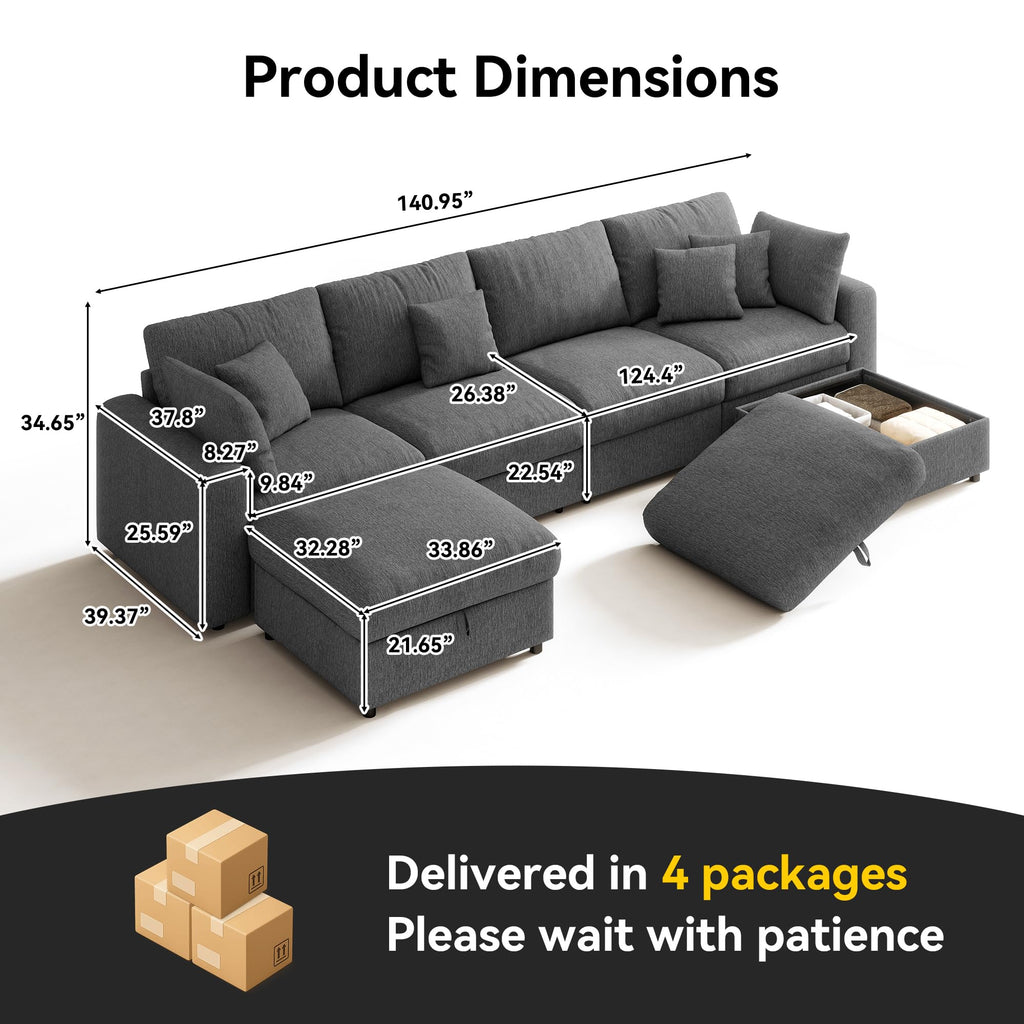 140" Oversized Cloud Sectional Couches, Modern Modular Sectional Sofa with Deep Seat, Convertible U Shape Couch with