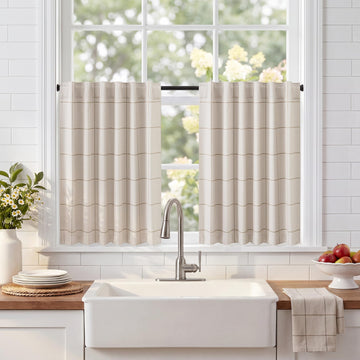 100% Blackout Taupe Plaid Kitchen Curtains, W52xL24, 2 Panels