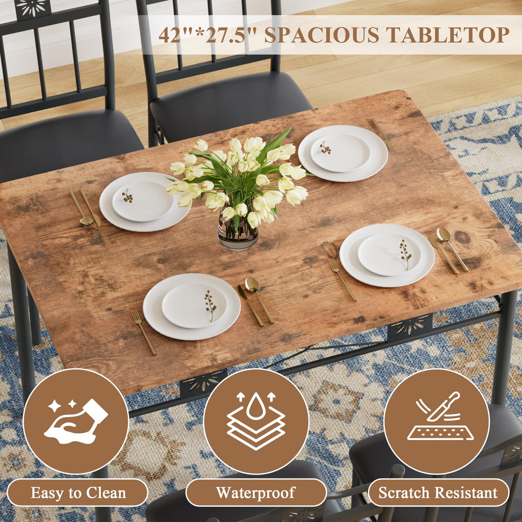 Dining Table Set for 4, 5-Piece Wood Kitchen Table with Upholstered Padded Chairs for Small Space, Breakfast Nook