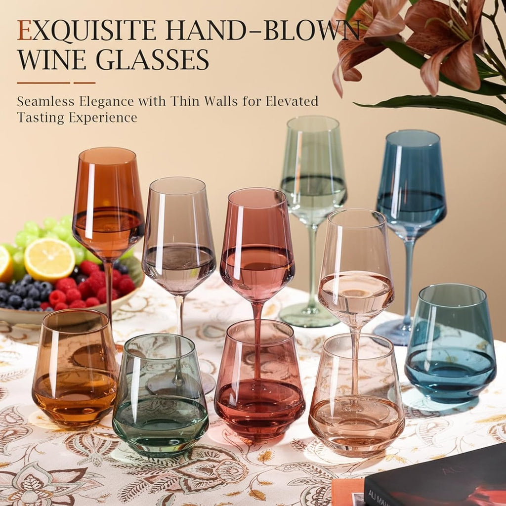 Colored Wine Glasses Set of 6-15 oz Hand-blown Lead-free Crystal Colorful Wine Glasses- Birthday Wedding Housewarming