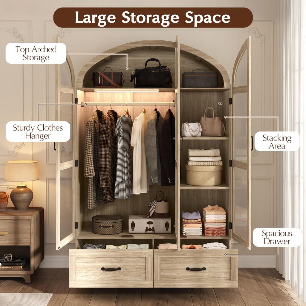 75"Arched Wardrobe Closet with 3 Doors, Bedroom Armoire with LED & Drawers