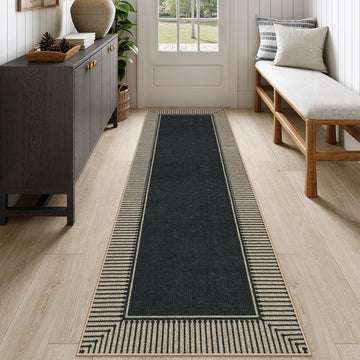 Easy Jute 2'6"x8' Runner Rug, Black Indoor Outdoor Striped Runner