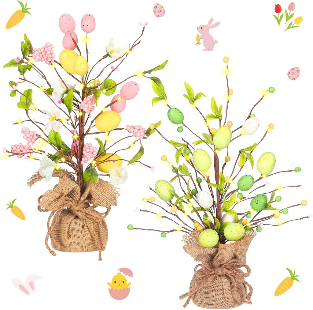 Easter Decorations 18 Inch Lighted Easter Egg Tree Tabletop Decor with LED Light Artificial Tree Decor - Set of 2