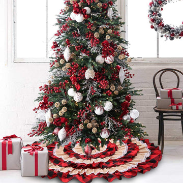 48 Inches Christmas Tree Skirts, Burlap Red and Black Buffalo Check Xmas Tree Base Cover for Xmas New Year Home Party
