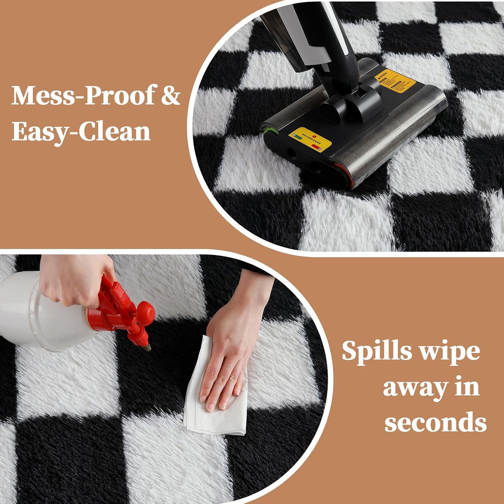 Checkered Shag Area Rug 5'x8', Black and White Plush Rug, Non-Slip Soft Carpet Nursery, Modern Floor Decor with Grid