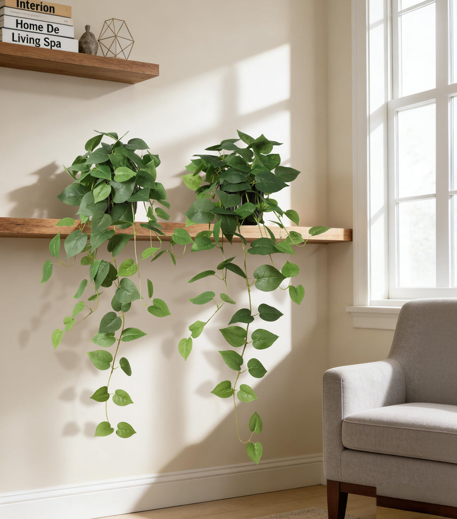 Fake Plants 2 Pcs Faux Pothos Plants Potted Indoor Artificial Hanging Plants Realistic Fake Greenery Table Desk