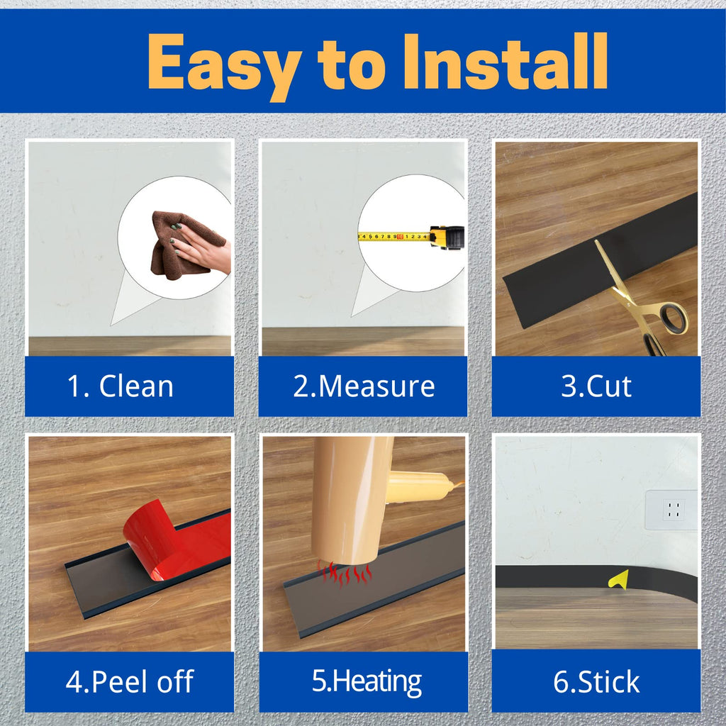 Peel and Stick Rubber Baseboard Trim, 6 Inch x 60 Feet, Black, S152