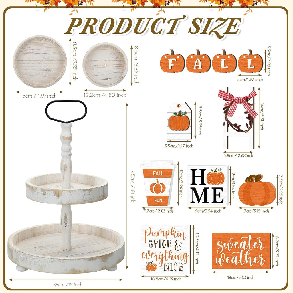 Two Tiered Tray with Wooden Signs Decor, Autumn Style - Set of 11