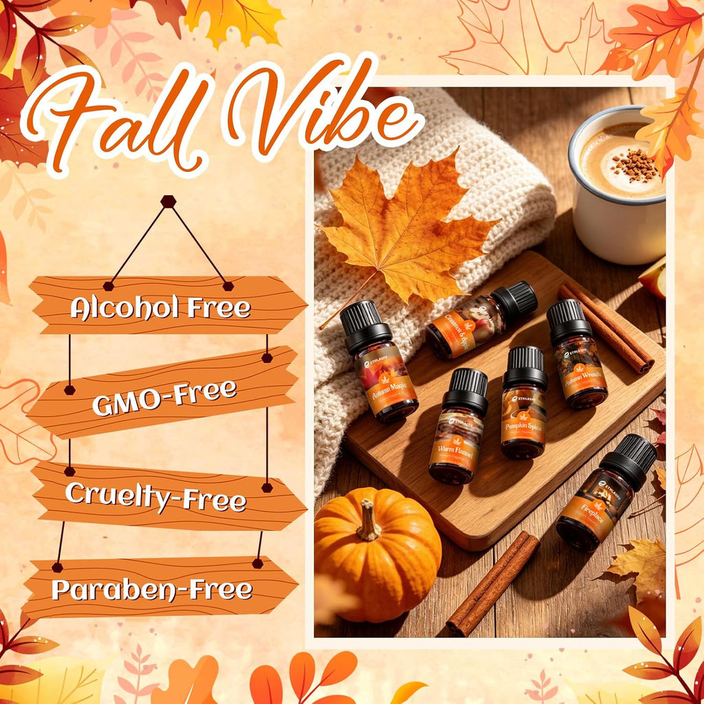 Fragrance Oil Autumn Set, Fall Essential Oils, Pumpkin Spice,Cinnamon & Apple,Fireplace, Autumn Wreath, Warm Flannel - Set of 6