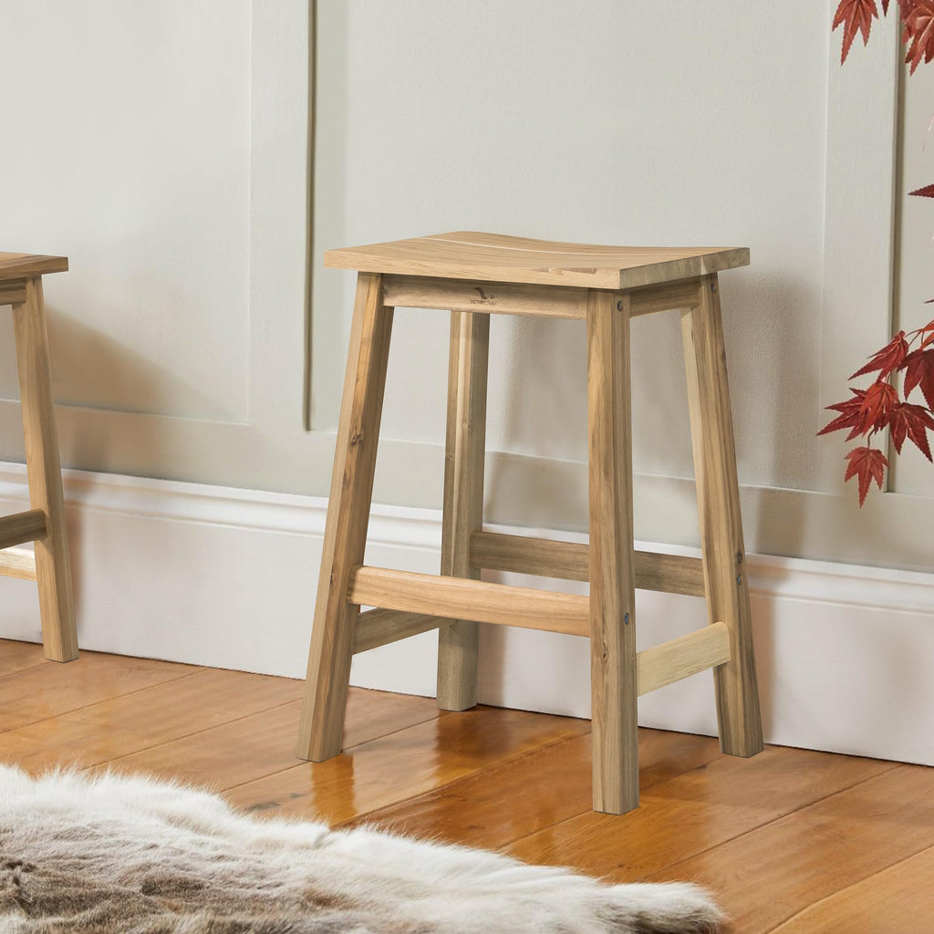 Set 2 Solid Wood Bar Stools, Saddle-Seat Counter Height Stool, White Oak