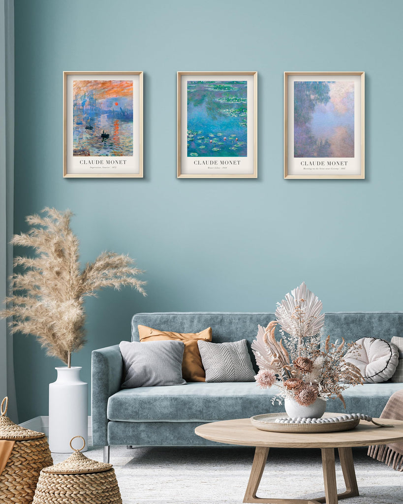 Framed Claude Monet Water Lilies Canvas Wall Art Set of 3 12x16in