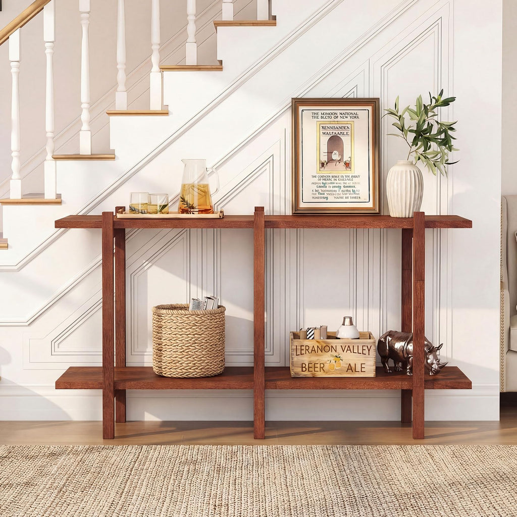 2-Tier Wood Bookshelf, 48" Modern Console Table with Wide Storage Shelf, Horizontal Rubber Wood Bookcase, Open