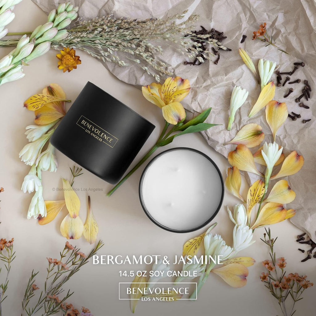 Premium Bergamot & Jasmine Large 3-Wick Scented Candle - 45-Hour Burn - Luxury Natural Soy Candle - Aromatherapy & - Set of 145