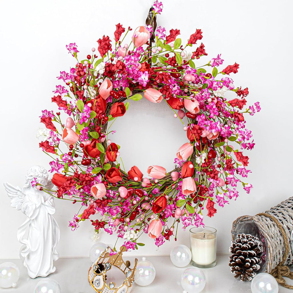 22 Inches Valentine Wreath Red Valentines Wreaths for Front Door Valentine's Day Flower Wreath with Tulips Heart