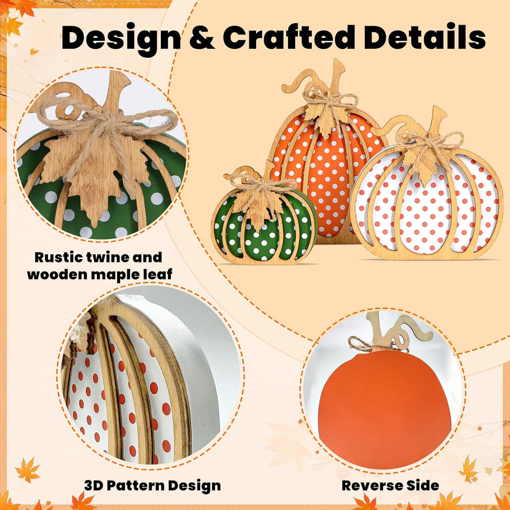 Fall Decorations, 3-Piece Wooden Pumpkin Fall Decor, Rustic Farmhouse Indoor Autumn Thanksgiving Decorations - Set of 3