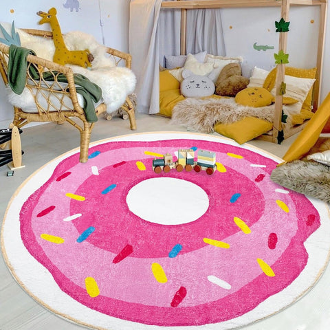 Kids Rug 5Ft Round Play Mat Pink Donut Playroom Rug for Girls Large Circle Bedroom Carpet for Nurser