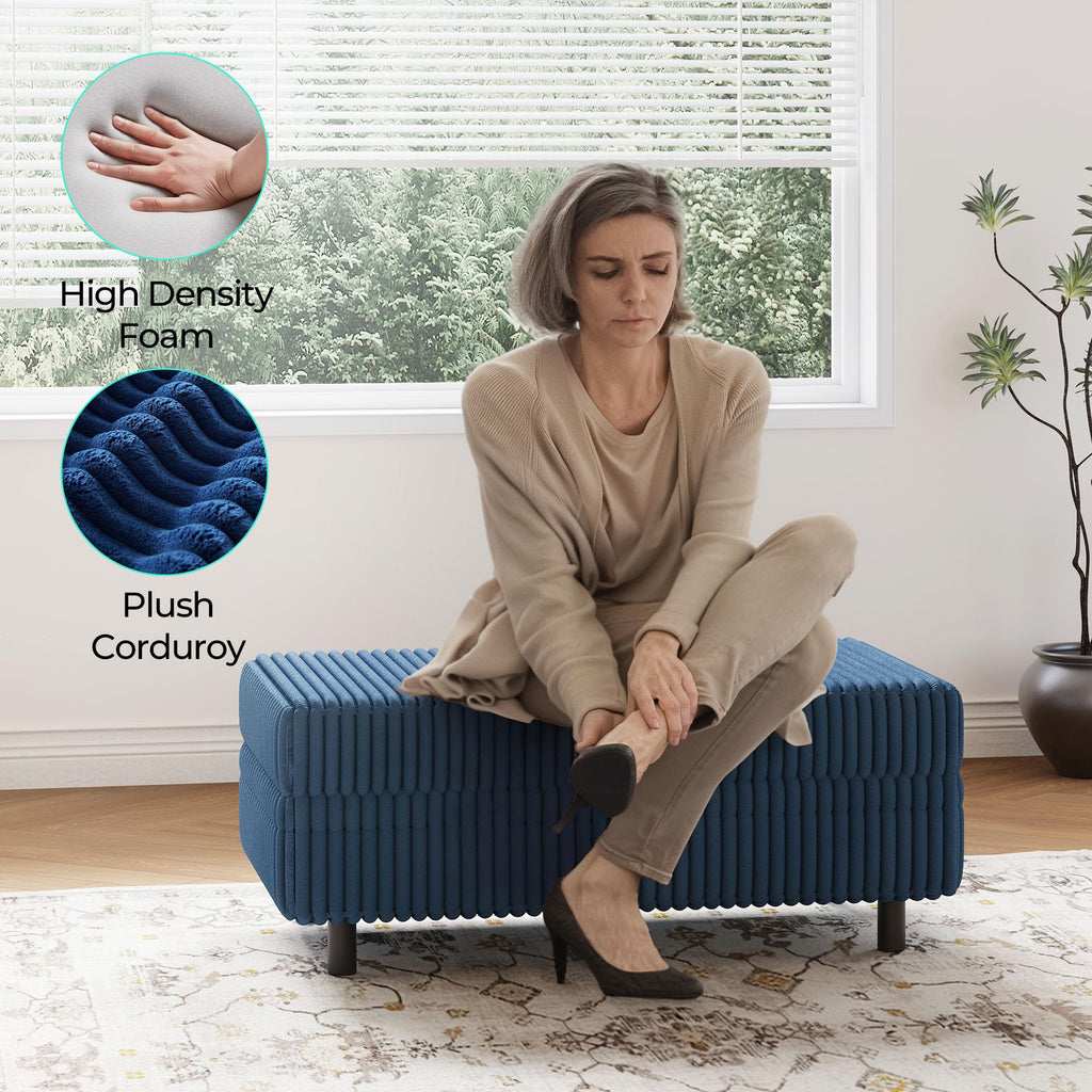 Storage Ottoman Bench, 40" Convertible Coffee Table Plush Corduroy Foot Rest Ottoman, Guest Room, Entryway, Blue