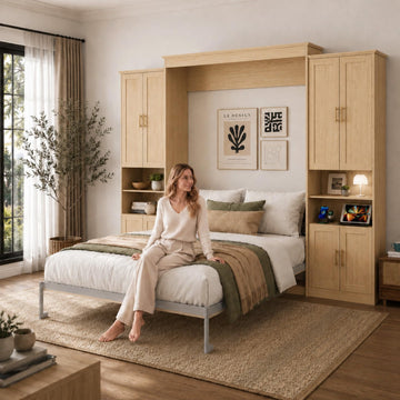 Murphy Bed Queen with 2 Storage Cabinets and USB Port, Natural Wood