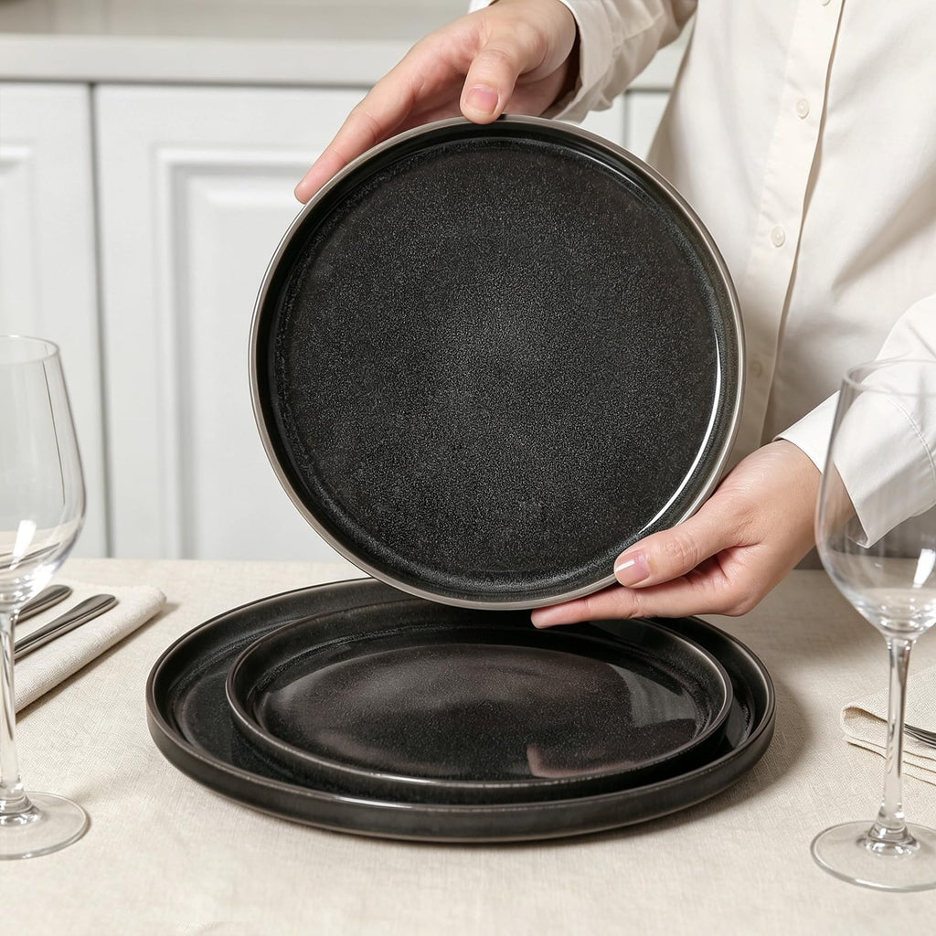 Dinnerware Sets for 4, 12 pcs Reactive Glaze Plates and Bowls Sets, Black
