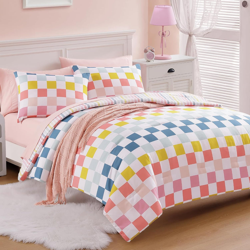 Full Comforter Set for Girls-7 Pieces Colorful Checkered Full Bedding Sets for Kids, Soft Bed in A Bag with Striped