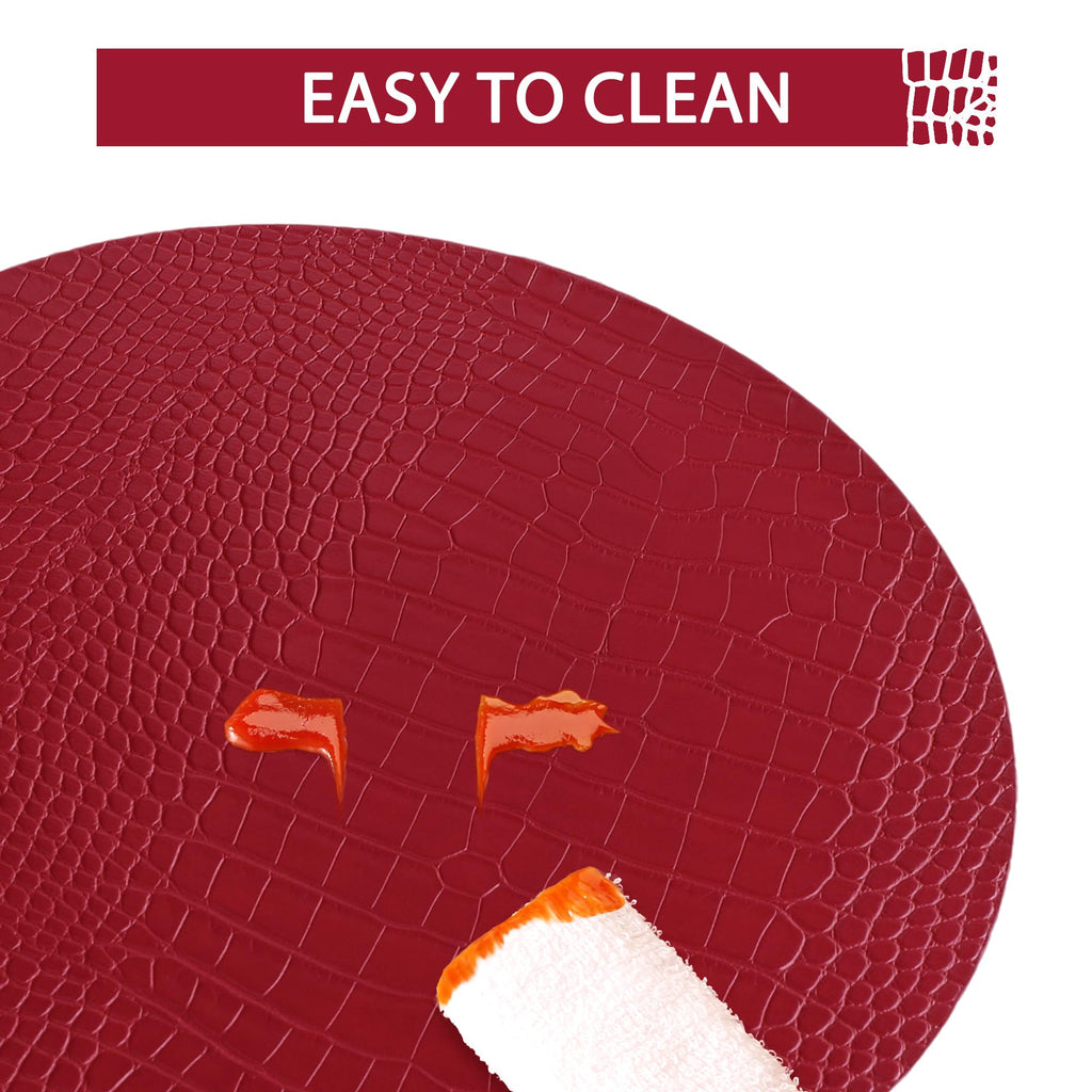 Round Leather Placemats for Round Tables Set of 8, Red Place Mats and Coasters, Wipeable Waterproof Heat Resistant