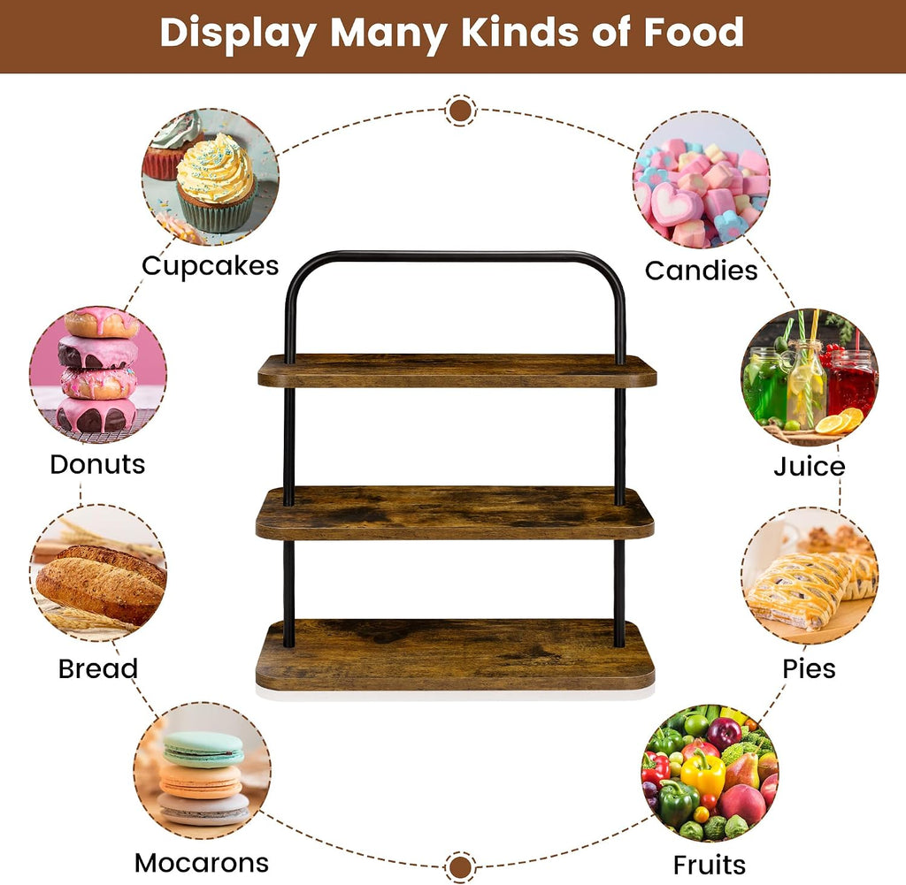 3-Tier Rustic Wood Cupcake Stand with Metal Handles, Farmhouse Style Display for 50 Mini Cupcakes