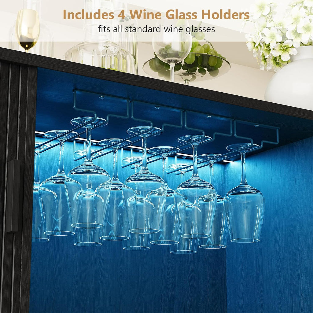 55" Fluted Wine Bar Cabinet with Power Outlet Black | Large Coffee Bar, Liquor Whiskey Cabinet, Home Bar, with LED