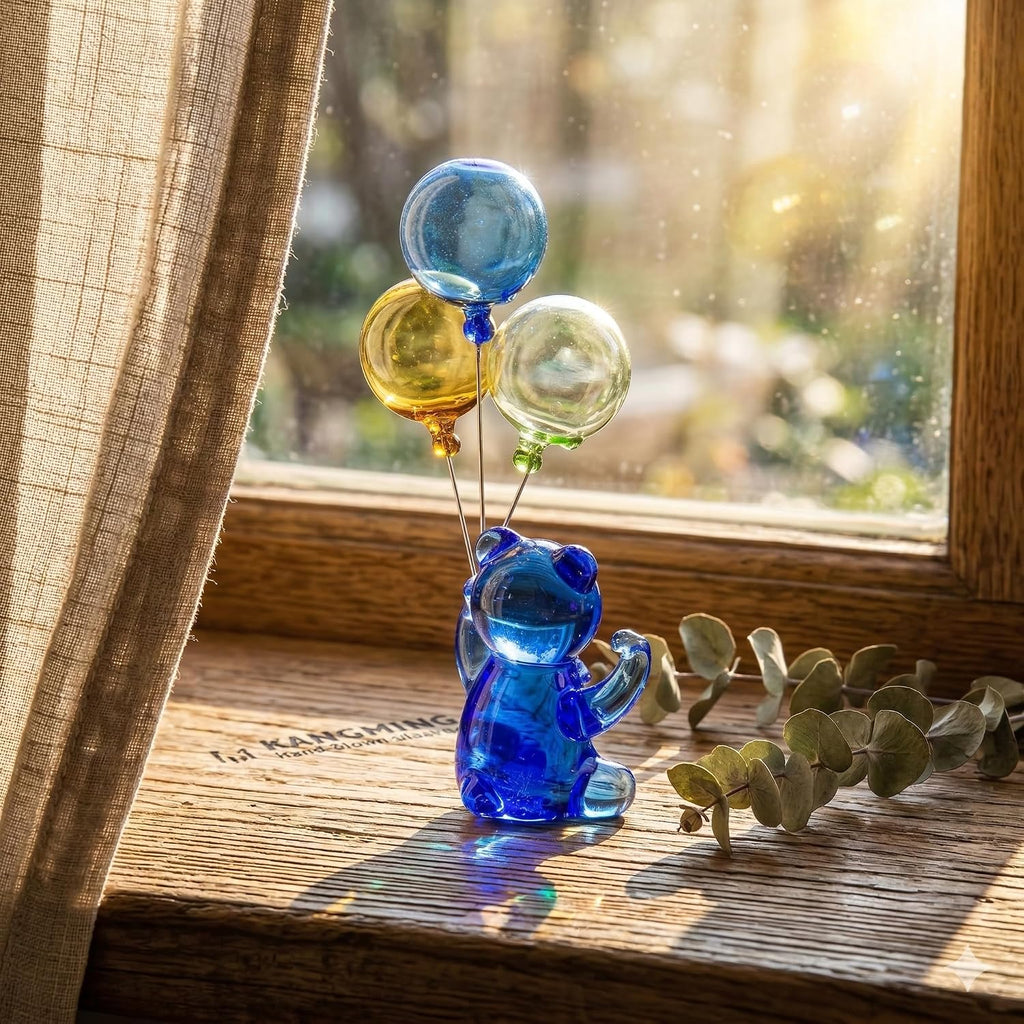 Hand-Blown Glass Bear Figurine with Balloons, Sapphire Blue Animal Sculpture, Kawaii Room Decor & Refreshing Desk