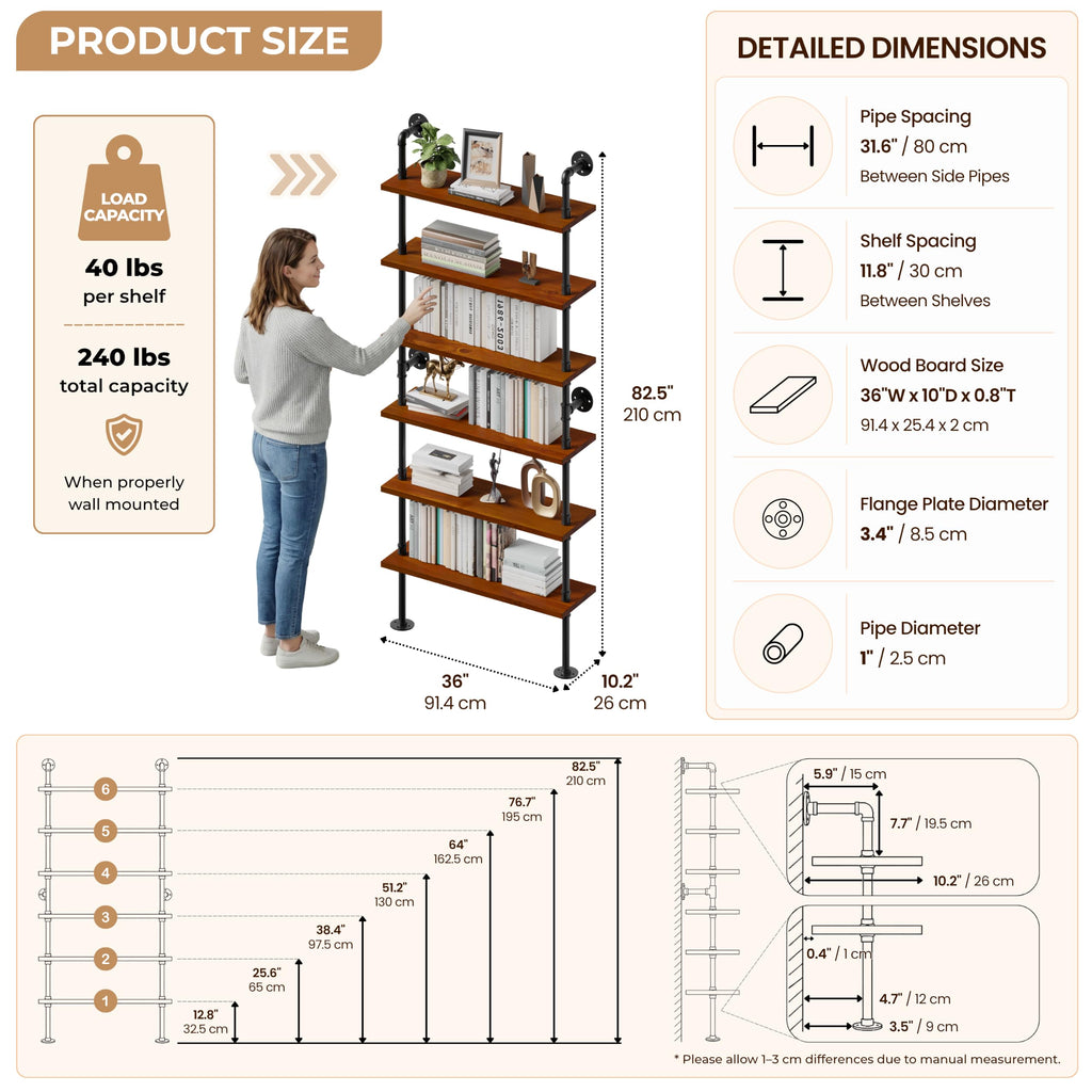 Industrial Pipe Bookshelf, Wall Mounted Shelf, 36 Inch, Walnut Brown