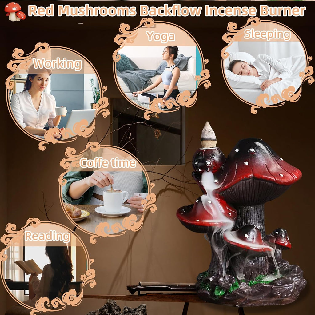 Mushroom Backflow Incense Holder - Ceramic Incense Cone Holder with 60 Backflow Incense Cones | Waterfall Incense