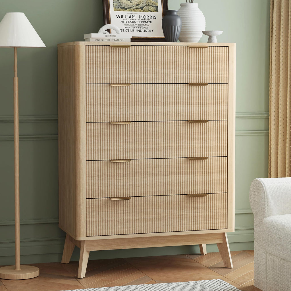 Fluted 5 Drawer Dresser, 43.3" Tall Dressers with Round Corner, Mid-Century Modern Wood Chest, Entry