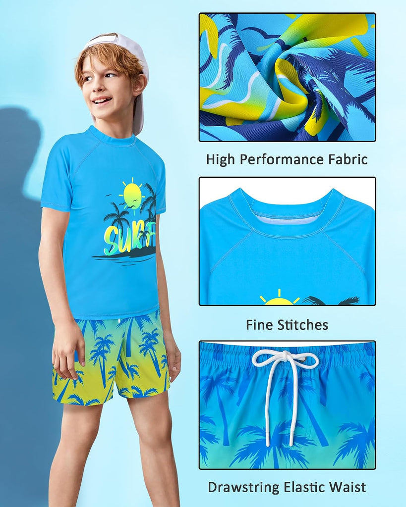 Boys Two Piece Rash Guard Swimsuits Sets Kids Short Sleeve Swimsuits Bathing Suit Swim Trunks Swimwear Set