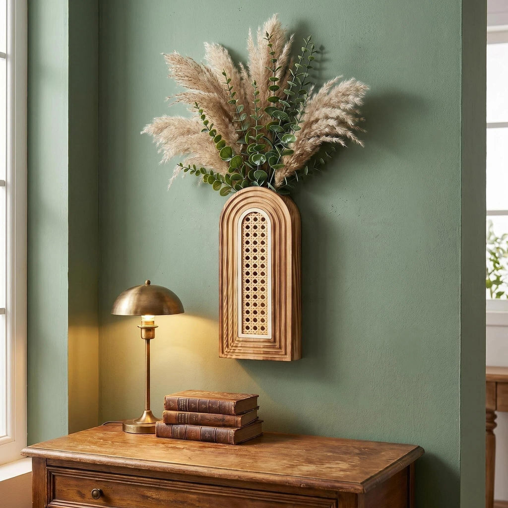 2 Pack Wooden Wall Vase Set - Brown Finish Hollow Rattan Modern Farmhouse & Boho Wall Decor, Narrow Spaces