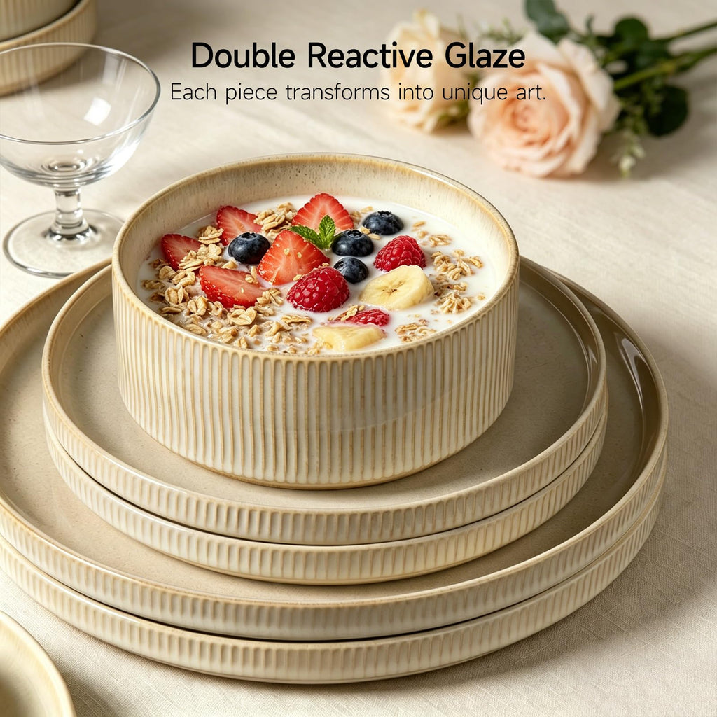 Stoneware Dinnerware Sets for 4, 12Pcs Ribbed Plates and Bowls Set, Beige