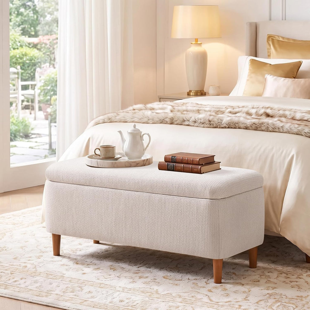 Storage Bench Ottoman, Upholstered End of Bed Bench with Storage | Rectangular Fabric Entryway Ottomans with Storage