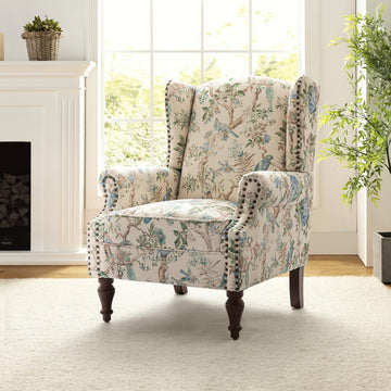 Wingback Accent Chair with Floral Pattern Design, Traditional Fabric Armchair with Nailhead Trim and Retro Wooden