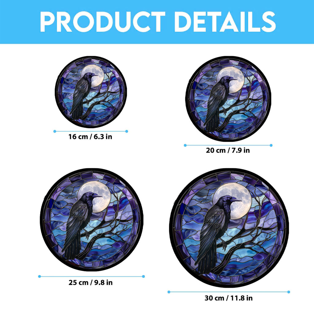 Moon Crow Stained Glass Window Hanging 12' Round Blue Flower Glass Panel Farmhouse Style Suncatcher Perfect