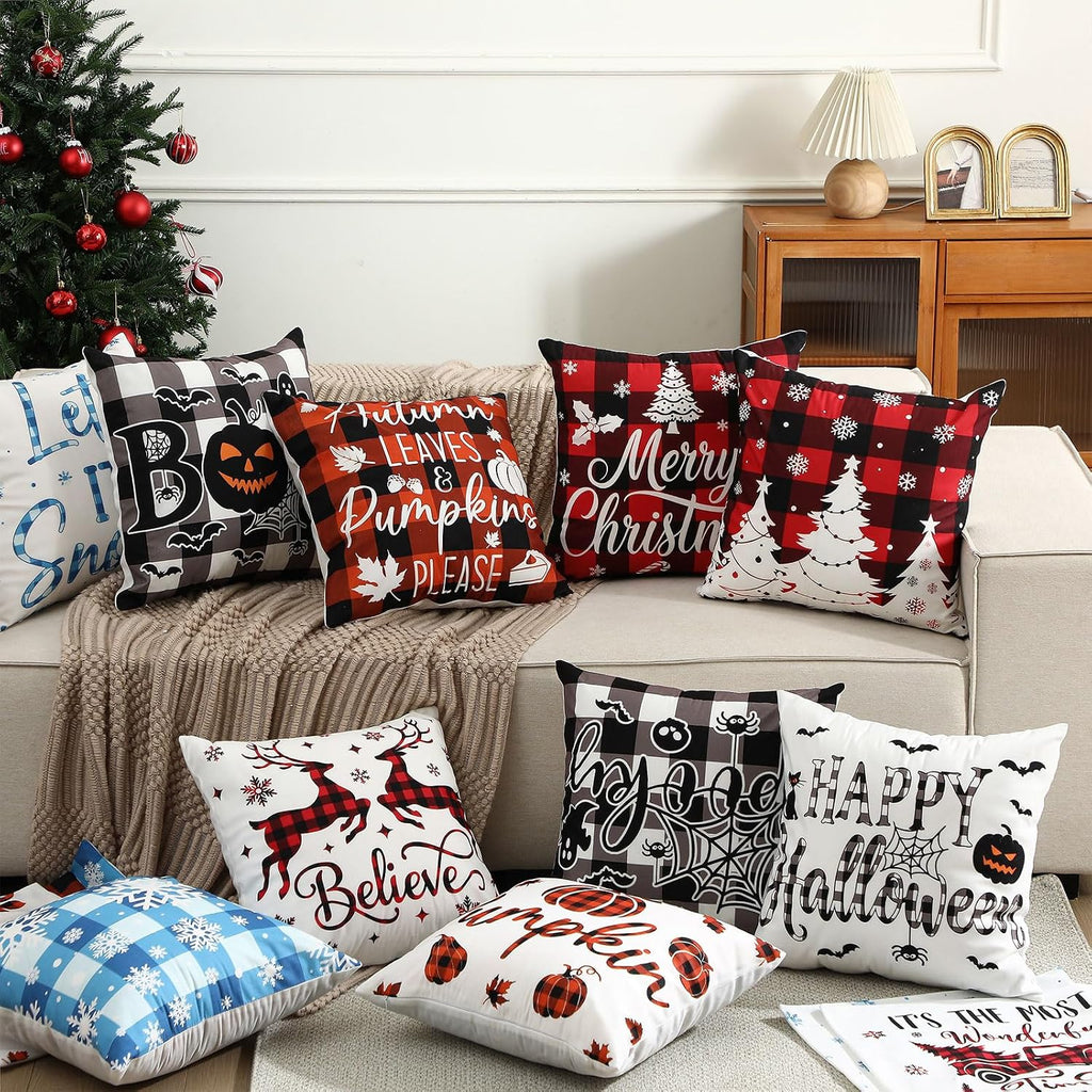 Christmas Pillow Covers 18 x 18 Inch Holiday Throw Pillow Covers Halloween Fall Winter Seasonal Pillowcases - Set of 16