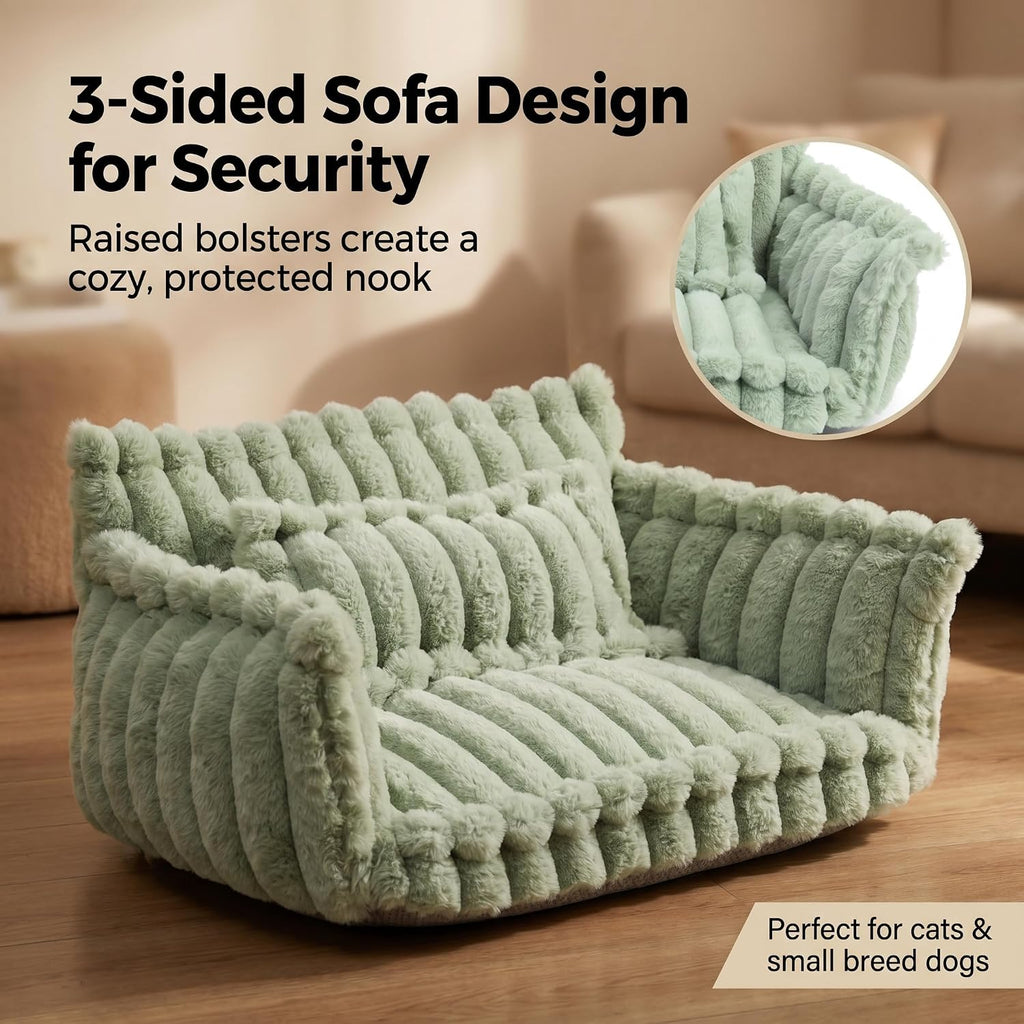 Fluffy Pet Couch Bed for Cats & Small Dogs, 3-Sided Bolster Calming Dog Sofa with Ultra-Soft Long Faux Fur, Removable
