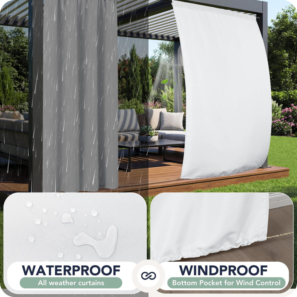 White Outdoor Curtains Waterproof, 8 Panels, Rod Pocket
