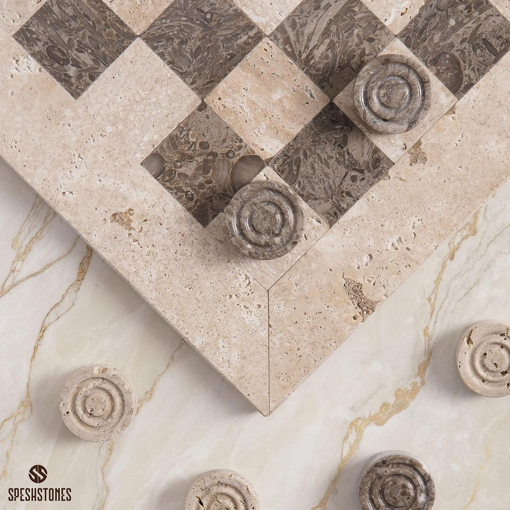 Marble Checkers Set 15 Inches Handmade Travertine & Oceanic