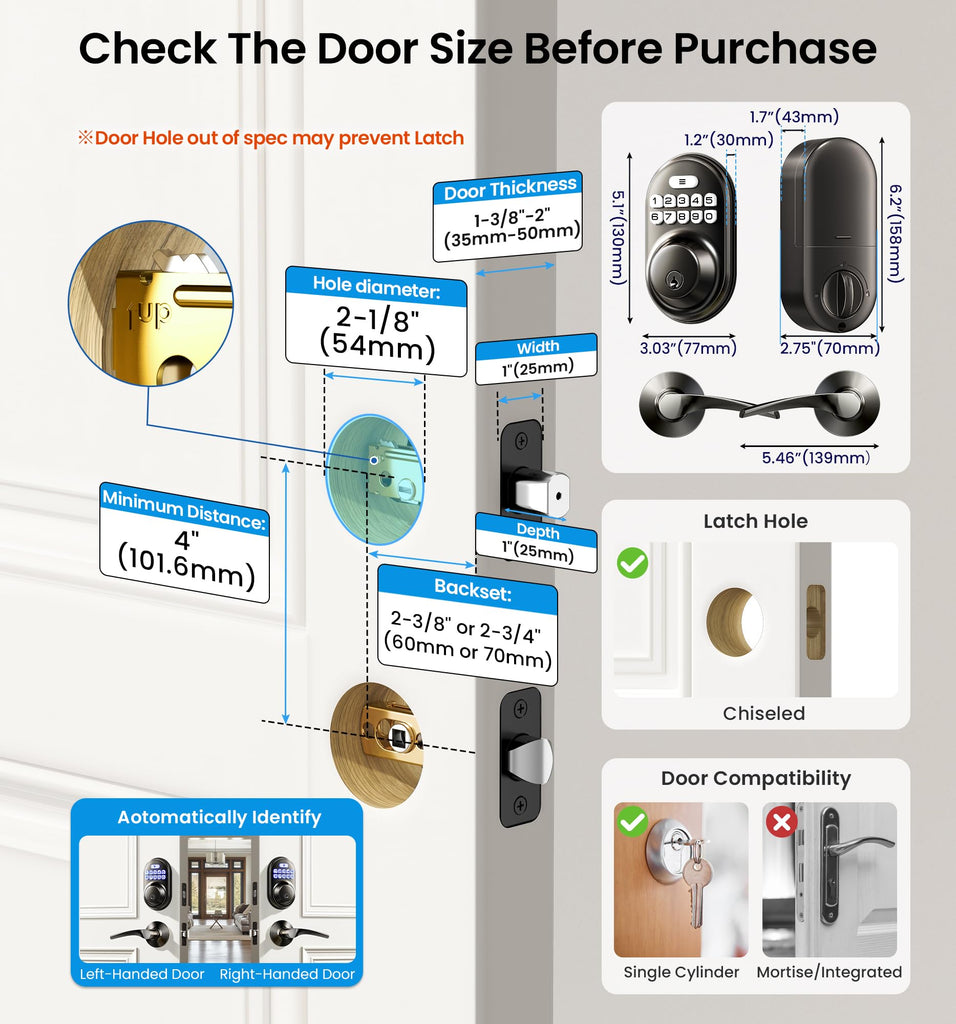 RZ-C Keyless Entry Door Lock with 2 Lever Handles, Matte Black