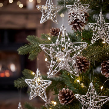 2.8" Beaded Silver Star Ornaments 3D Metal Christmas Decor - Set of 12
